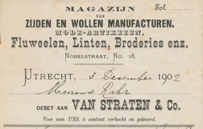 712109 Kop van een nota van Van Straten & Co., Magazijn van Zijden en Wollen Manufacturen, Fluweelen, Linten, Broderies ...